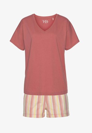 Kurzärmliges, V-Ausschnitt-Oberteil aus rosafarbenem Baumwollstoff, kombiniert mit gestreiften Shorts in Gelb, Pink und Weiß. Weicher Stoff; lockere Passform.