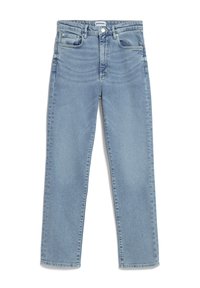 Light blue denim jeans with a straight-leg cut, five-pocket design, and front button closure. Smooth texture with subtle fading.