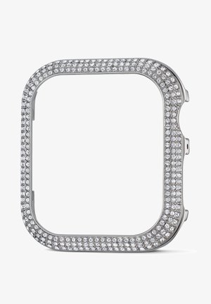 Cadre en argent de forme carrée, orné de multiples rhinestones clairs le long du bord, avec une finition métallique lisse.
