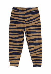 Bruna och marinblå randiga byxor med en mjuk, fleece-struktur. Har en elastisk midja och smalnande muddar vid anklarna.