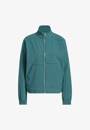 Türkis kariertes Jackett mit hohem Kragen, durchgehendem Reißverschluss, elastischen Bündchen und seitlichen Taschen; leichtes Material mit glatter Textur.