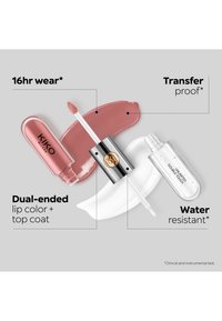 Dobbeltender Kiko Milano læbefarve og klar topcoat med applikatorer, der viser pink og klare farveprøver på en grå baggrund.