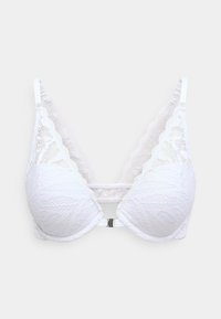 Soutien-gorge en dentelle blanche avec bords festonnés, bretelles réglables, bonnets rembourrés et fermeture à agrafe devant.