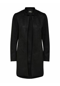 Musta pitkähihaine avonainen mokkatakki, jossa on pieni pystykaulus ja suora helma.