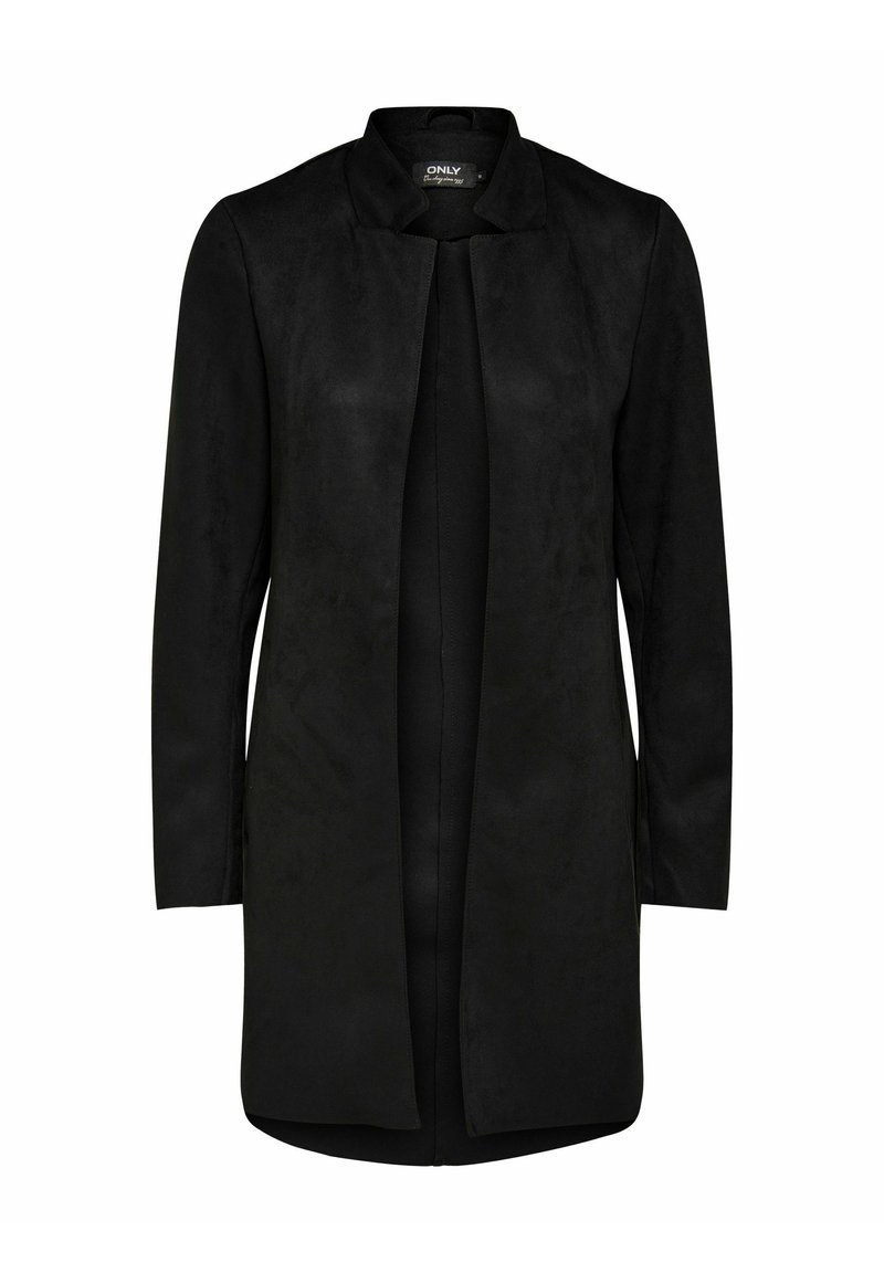 Musta pitkähihaine avonainen mokkatakki, jossa on pieni pystykaulus ja suora helma.