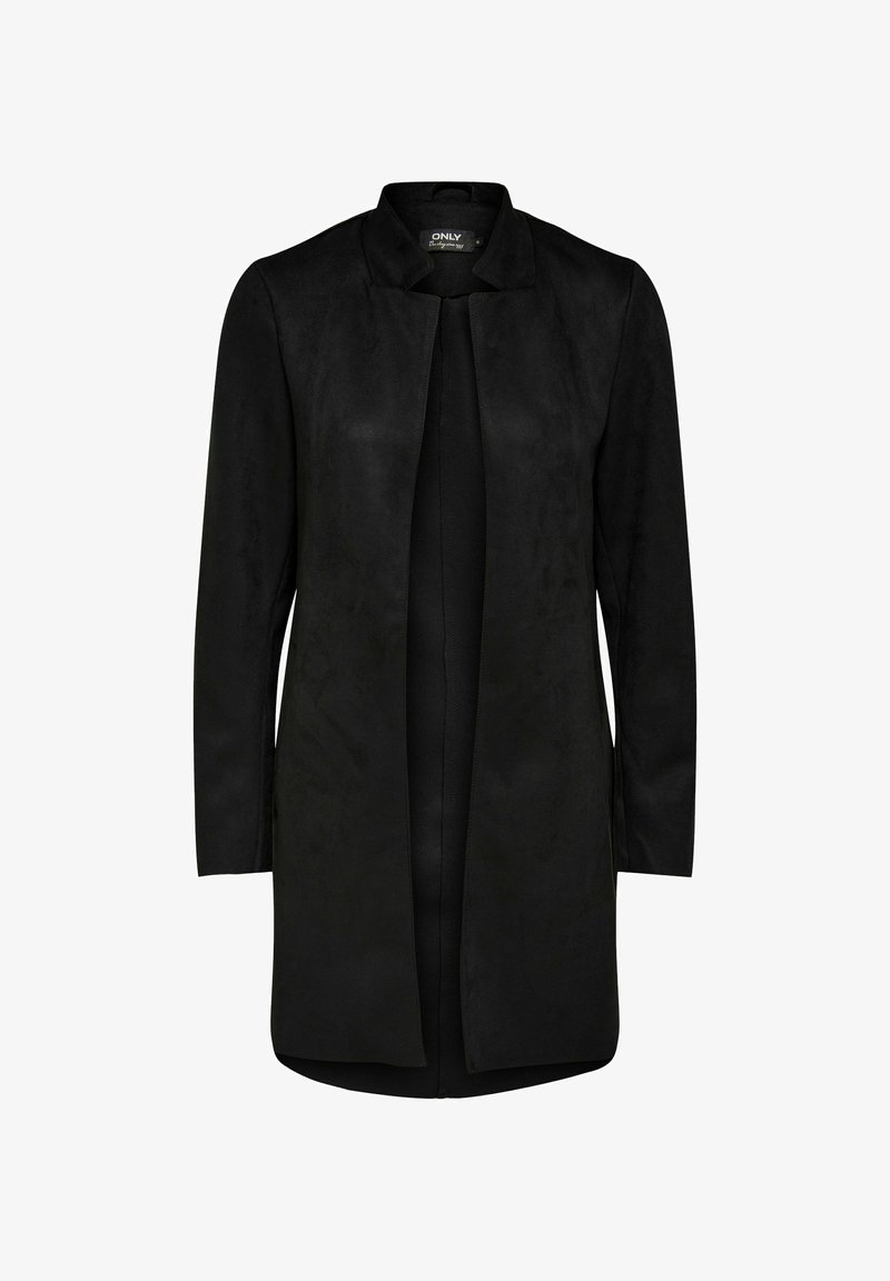 Musta pitkähihaine avonainen mokkatakki, jossa on pieni pystykaulus ja suora helma.