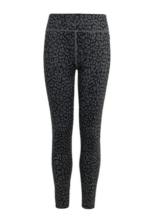 Leggings neri con motivo a macchie di leopardo grigio, caratterizzati da una vita alta e una texture liscia ed elastica.