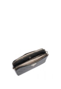 Portafoglio zippered di colore grigio scuro con due scomparti, esterno liscio, fodera beige a contrasto e un piccolo dettaglio in metallo con logo.