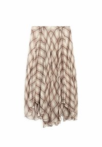 Fließender karierter Rock aus leichtem Stoff, mit weichem Beige- und Braunfarbschema, einem wellenförmigen Saum und gleichmäßig verteilten Falten.