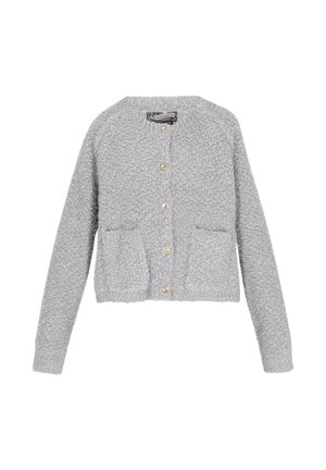 Pilkas tekstūruotas kardiganas su apvalia iškirpte, priekyje užsagstomas ir su dviem priekinėmis kišenėmis. Pagamintas iš minkštos, pūkuotos medžiagos.