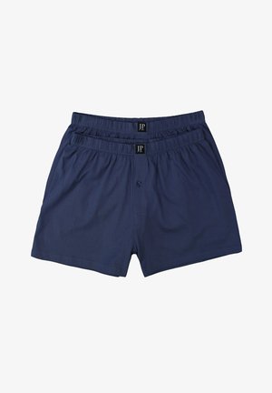Modré bavlněné boxerky s elastickým pasem, na kterých je logo "JP", s jedním knoflíkem a hladkým povrchem.