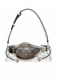 Borsa bianca con accenti neri, dotata di una superficie decorata, hardware in tonalità oro e un ampio interno con diversi scomparti.