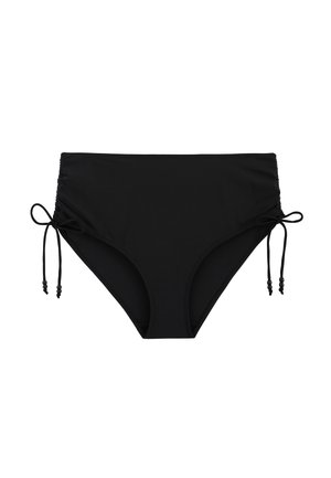 Bas de bikini noir taille haute avec des liens réglables sur les côtés se terminant par de petites perles.
