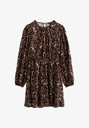 Klänning med leopardmönster, lång ärm, markerad midja och nyckelhålsdetalj i ryggen. Tillverkad av mjukt tyg i bruna, svarta och beige nyanser.