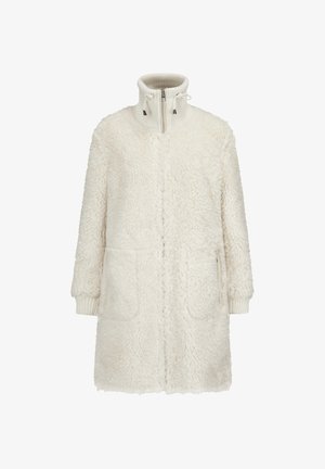 Cremefarbener Kunstfellmantel mit hohem Kragen, Frontreißverschluss und gerippten Strickbündchen. Verfügt über zwei seitliche Taschen und eine weiche, strukturierte Oberfläche.