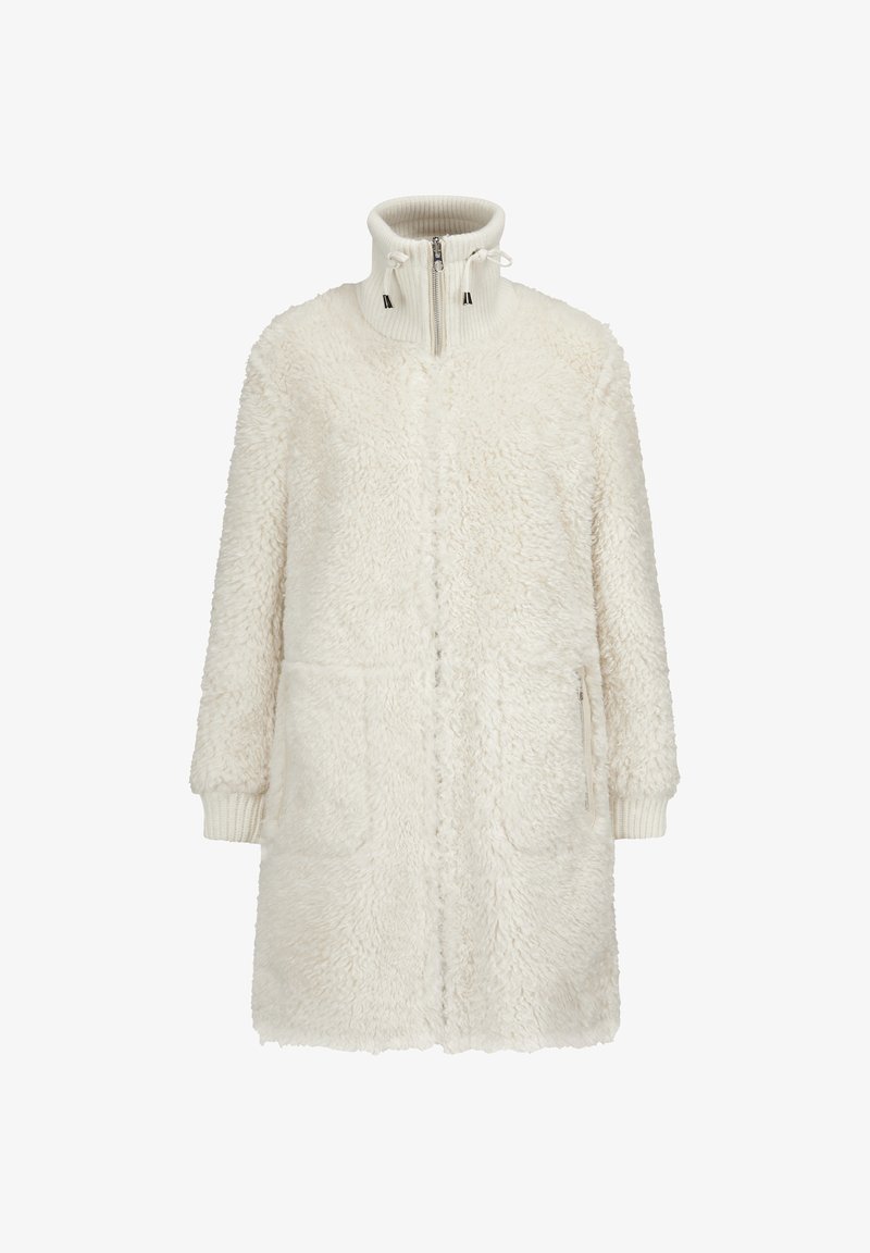 Cremefarbener Kunstfellmantel mit hohem Kragen, Frontreißverschluss und gerippten Strickbündchen. Verfügt über zwei seitliche Taschen und eine weiche, strukturierte Oberfläche.