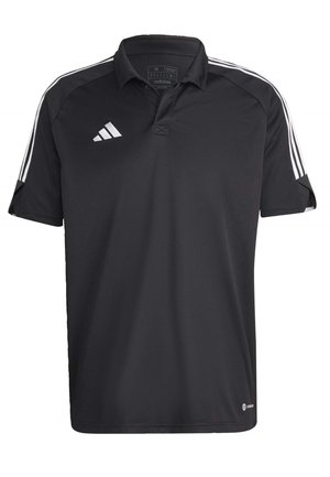 Schwarzes Polohemd aus atmungsaktivem Stoff. Verfügt über einen klassischen Kragen, kurze Ärmel und drei weiße Streifen auf jeder Schulter.