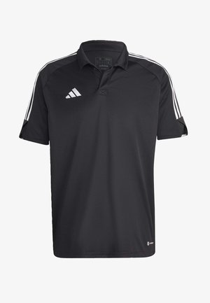 Schwarzes Polohemd aus atmungsaktivem Stoff. Verfügt über einen klassischen Kragen, kurze Ärmel und drei weiße Streifen auf jeder Schulter.