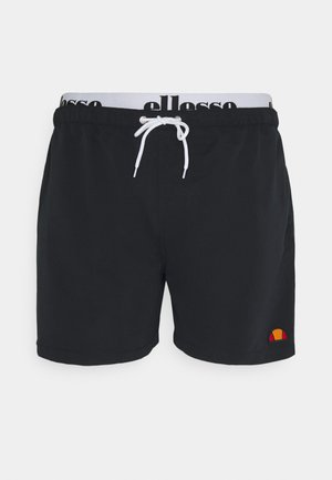 Mustad mustad ujumispüksid valge nööriga, millel on vasakul jalal punase ja kollase logoga ning elastne vöökoht brändimisega.