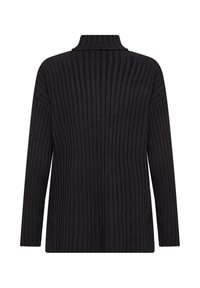 Schwarzer gestrickter Pullover mit vertikalem Rippmuster, hohem Kragen und langen Ärmeln, der einen lässigen Schnitt und minimalistisches Design bietet.