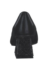 Black heeled shoes with a pointed toe and textured block heel. The heel features a woven design in a contrasting matte finish.