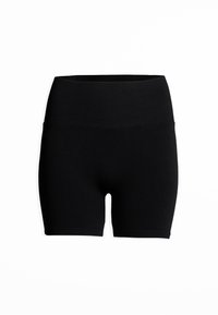 Shorts de cycliste noirs, ajustés et taille haute, sans coutures, avec une large ceinture élastique, présentés sur un fond blanc.