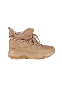 Stivali invernali beige con fodera in pelliccia sintetica, materiale impermeabile, suola in gomma texturizzata e lacci incrociati per supporto.