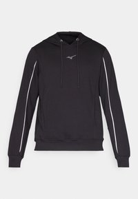 Black hooded sweatshirt made of soft fabric, featuring a front kangaroo pocket, grey logo, and white side detailing.