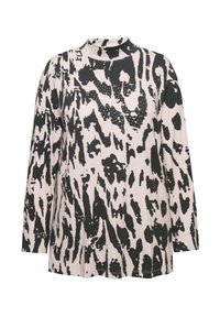 Langarm-T-Shirt aus weichem Material mit einem abstrakten schwarz-beigen Muster, mit einem hohen, runden Ausschnitt und normaler Passform.