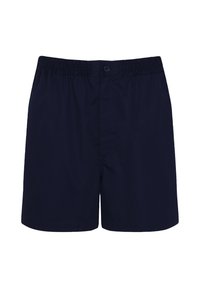 Navyblauwe zwemshorts met een elastische tailleband, enkele knoopsluiting en een gladde textuur. Eenvoudig, recht gesneden ontwerp voor comfort.