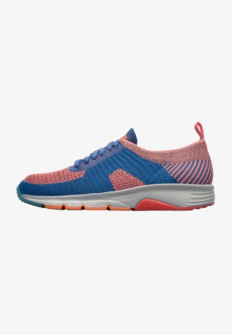 Blue and pink athletic shoe featuring a textured knit upper, lace-up design, and a gray sole with pink accents and a striped back.