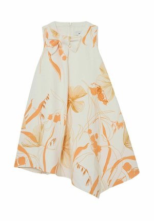 Gėlėta kreminė su oranžiniais botaninių raštų motyvais, be rankovių, su kaspino detale prie iškirptės ir asimetrišku apdaru.