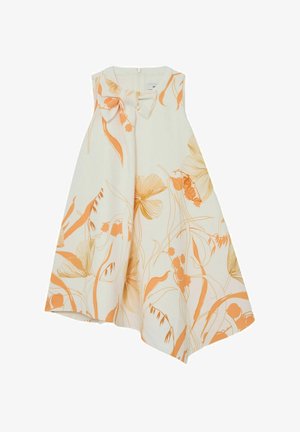 Abito floreale color crema con stampe botaniche arancioni, design senza maniche, dettaglio a fiocco sullo scollo e orlo asimmetrico.