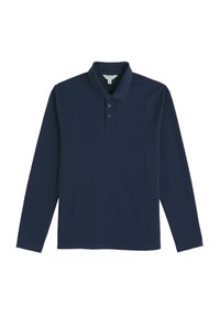 Sötétkék hosszú ujjú galléros póló, sima anyagból készült, gallérral, háromgombos patttal és egyenes szegéllyel. Mintázat vagy díszítés nem látható.