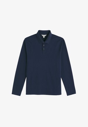 Tricou polo cu mâneci lungi, de culoare bleumarin, realizat dintr-un material neted, având guler, fanta cu trei nasturi și tiv drept. Fără modele sau accente vizibile.