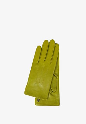 Grüne Lederhandschuhe mit fünf Fingern, ausgestattet mit horizontalem Stichdetail auf der Rückseite und einem Handgelenkdetail mit einem Logo-Akzent.