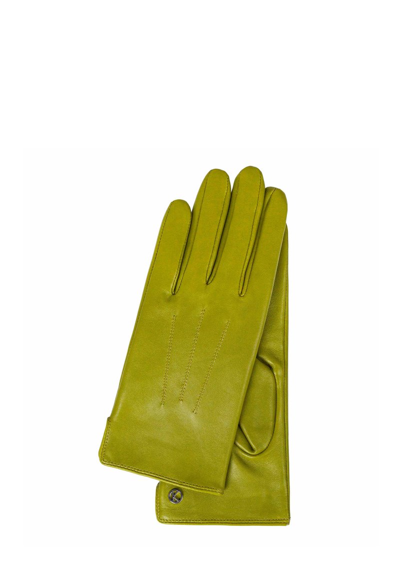 Green leather gloves with five fingers, featuring horizontal stitching detail on the back and a wrist detail with a logo accent.