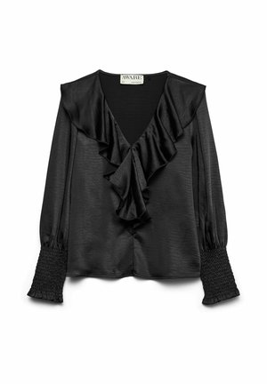 Črna bluzica iz satena, z globokim V-izrezom, nabranim sprednjim delom in nabranimi dolgimi rokavi za teksturiran detajl.