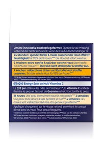 Lila Box mit Text in Deutsch und Französisch über eine nächtliche Hautpflegeformel mit Vitamin C und Guarana. Weißer und gelber Text enthält die wichtigsten Vorteile.