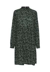 Langärmliges Kleid in Dunkelgrün mit einem schwarzen abstrakten Muster, das einen hohen, gerafften Kragen und eine lockere, fließende Form aufweist.