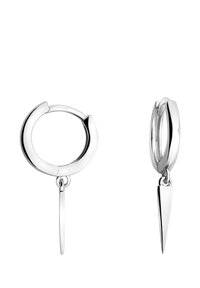 Silberohrringe mit einem kreisförmigen Hängedesign und einem hängenden, spitzen Akzent. Glatte Textur, polierte Oberfläche und minimalistisches Design.