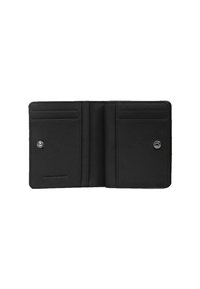 Innenansicht einer schwarzen Lederbrieftasche mit mehreren Kartenfächern und einem Druckknopfverschluss. Sie zeichnet sich durch saubere Nähte und eine glatte Textur aus.