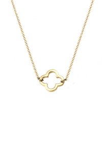 Goldkette mit einem vierblättrigen Anhänger in glatter Ausführung, an einer zarten Kette mit gleichmäßig verteilten Gliedern befestigt.