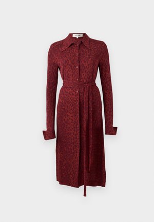 Red animal print dress with long sleeves, button closure, large collar, and matching belt. Made of lightweight fabric.
