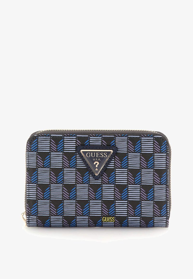 Portefeuille noir avec un design en motifs bleu, violet et gris. Présente un logo triangulaire et des accessoires dorés. Fermeture éclair, surface texturée.