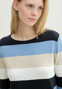 Gestreifter Strickpullover mit abwechselnden Streifen in Marineblau, Hellblau, Beige, Weiß und Dunkelblau, rundem Halsausschnitt und strukturiertem Gewebe.