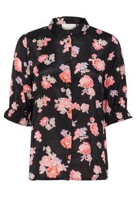 Czarna bluzka z kolorowym kwiatowym wzorem, z krótkimi bufkami i zapięciem na guziki z przodu. Wykonana z gładkiego materiału z regularnym kołnierzykiem i falbaniastymi mankietami.