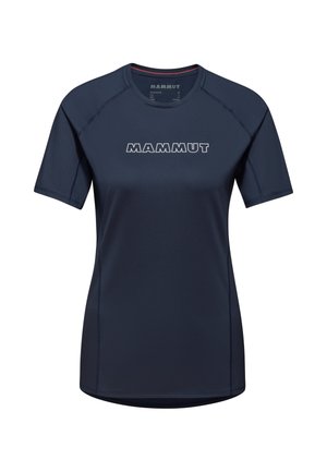 Navyblaues Kurzarmhemd aus glattem, feuchtigkeitsableitendem Stoff. Mit einem weißen "Mammut"-Logo auf der Brust und flachen Nähten.