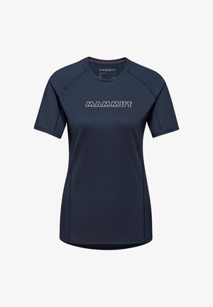 Navyblaues Kurzarmhemd aus glattem, feuchtigkeitsableitendem Stoff. Mit einem weißen "Mammut"-Logo auf der Brust und flachen Nähten.