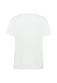 Tricou alb din bumbac, mâneci scurte, guler rotund, vedere din spate, textură netedă, fără modele sau accesorii vizibile. Design basic cu o croială relaxată.